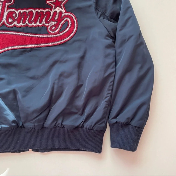 TOMMY HILFIGER Logo-Embroidered Quilted Navy Red Bomber Jacket Down Lining Small - Picture 14 of 16